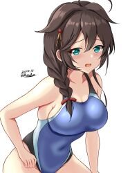 Rule 34 | 1girl, black one-piece swimsuit, blue eyes, blue one-piece swimsuit, blush, braid, breasts, brown hair, competition swimsuit, covered navel, cowboy shot, dated, hair between eyes, hair flaps, hair ornament, hair over shoulder, hair ribbon, highleg, highleg swimsuit, highres, kantai collection, large breasts, long hair, looking at viewer, medium breasts, montemasa, multicolored clothes, multicolored swimsuit, one-piece swimsuit, open mouth, ribbon, shigure (kancolle), shigure kai ni (kancolle), simple background, single braid, smile, solo, swimsuit, twitter username, two-tone swimsuit, white background