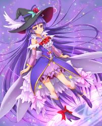 Rule 34 | 1girl, ahoge, alexandrite style, ankle bow, ankle ribbon, black hat, boots, bow, chocokin, cure magical, cure magical (alexandrite style), detached sleeves, floating hair, flower, full body, hat, hat flower, hat ribbon, knee boots, leg ribbon, long hair, looking at viewer, mahou girls precure!, miniskirt, pink eyes, pink skirt, precure, purple footwear, purple hair, purple ribbon, red bow, red flower, ribbon, rose, see-through, skirt, smile, solo, very long hair, witch hat