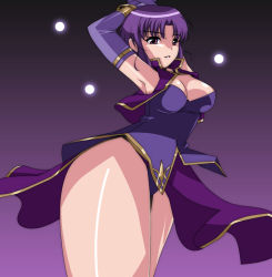 Rule 34 | 1girl, ariyon, breasts, cleavage, elbow gloves, fire emblem, fire emblem: the blazing blade, gloves, large breasts, nintendo, purple eyes, purple hair, short hair, solo, stretching, thighs, ursula (fire emblem)