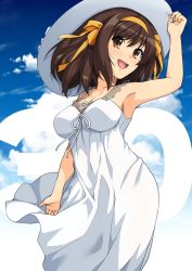Rule 34 | 1girl, breasts, brown eyes, brown hair, cleavage, cloud, commentary request, countdown, hairband, haruhisky, hat, highres, holding, holding clothes, holding hat, medium breasts, open mouth, ribbon, round teeth, short hair, sidelocks, sky, solo, suzumiya haruhi, suzumiya haruhi no yuuutsu, teeth, yellow hairband, yellow ribbon