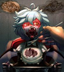 Rule 34 | 1girl, ahoge, apron, bad id, bad pixiv id, bat wings, blood, blue hair, blush stickers, bound, chair, creepy, cuffs, dress, eyebrows, face, fangs, feeding, female focus, fingernails, foreshortening, handcuffs, horror (theme), long fingernails, nail polish, no headwear, open mouth, pale skin, pov, raised eyebrow, red eyes, remilia scarlet, short hair, sitting, slit pupils, solo, solo focus, spoon, teeth, touhou, uneven eyes, unknown showhey, uvula, wings