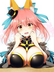 Rule 34 | 10s, 1girl, animal ear fluff, animal ears, bare shoulders, blue ribbon, blush, breasts, collarbone, detached sleeves, embarrassed, fang, fate/extra, fate/extra ccc, fate (series), fox ears, fox girl, hair ribbon, hat, kurikara, large breasts, looking at viewer, mini hat, mini top hat, official alternate costume, open mouth, pink hair, ribbon, ribbon-trimmed sleeves, ribbon trim, solo, sweat, tamamo (fate), tamamo no mae (fate/extra), tamamo no mae (sable mage) (fate), top hat, upper body, yellow eyes