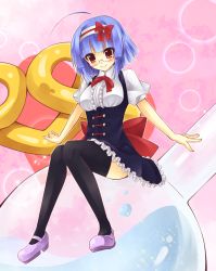 Rule 34 | 1girl, black dress, black thighhighs, blue hair, bow, bowtie, center frills, commentary request, dress, flask, framed breasts, frills, glasses, hairband, highres, jewelpet (series), jewelpet twinkle, kanesada ryo, pink footwear, red neckwear, sara (jewelpet twinkle), shirt, shoes, short hair, thighhighs, white hairband, white shirt