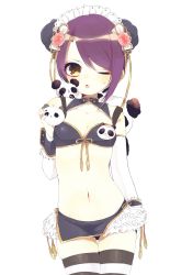 Rule 34 | 1girl, absurdres, blush, breasts, bustier, chinese clothes, cowboy shot, double bun, flower, frills, hair bun, hair flower, hair ornament, highres, looking at viewer, microskirt, nail polish, navel, one eye closed, open mouth, panda, pretty series, pripara, purple hair, purple nails, skirt, small breasts, solo, stomach, striped clothes, striped thighhighs, thighhighs, tmpr0778, toudou shion, white background, yellow eyes