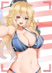 Rule 34 | 10s, 1girl, american flag, american flag background, artist name, bikini, black gloves, blonde hair, blue bikini, blue eyes, breasts, cleavage, fingerless gloves, gloves, hat, highres, iowa (kancolle), kantai collection, large breasts, long hair, looking at viewer, navel, norman maggot, open mouth, selfie, smile, solo, star-shaped pupils, star (symbol), striped bikini, striped clothes, swimsuit, symbol-shaped pupils, teeth, upper body, vertical-striped bikini, vertical-striped clothes, viewfinder, w