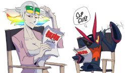 Rule 34 | 10s, 1girl, breasts, chair, cleavage, english text, fourth wall, huge breasts, jacket, kill la kill, kiryuuin ragyou, living clothes, looking at viewer, mature female, multicolored hair, script, senketsu, slb, solo, sunglasses, waving