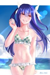 Rule 34 | 1girl, absurdres, arm behind back, bare arms, bikini, blue hair, bow, brown eyes, collarbone, cowboy shot, fairy tail, flat chest, floating hair, frilled bikini, frills, grin, hair between eyes, hair bow, halterneck, head tilt, highres, long hair, looking at viewer, lowleg, lowleg bikini, navel, open mouth, smile, solo, standing, swimsuit, thigh gap, tsaishanny, twintails, twitter username, very long hair, wendy marvell, white bow