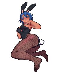 Rule 34 | 1girl, absurdres, animal ears, black leotard, blue eyes, blue hair, fake animal ears, fake tail, fishnet pantyhose, fishnets, freckles, hentaly, highres, leotard, looking at viewer, lying, on side, open mouth, original, pantyhose, playboy bunny, rabbit ears, rabbit tail, simple background, solo, tail, teeth, upper teeth only, white background