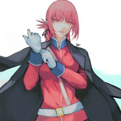 Rule 34 | 1girl, belt, black coat, braid, braided ponytail, breasts, coat, coat on shoulders, fate/grand order, fate (series), florence nightingale (fate), glove pull, gloves, highres, jacket, long hair, long sleeves, medium breasts, military, military uniform, moedredd, open mouth, pink hair, red eyes, red jacket, simple background, solo, uniform, white background, white gloves