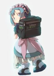 Rule 34 | 1boy, backpack, bag, blue eyes, blue hair, dress, frills, from behind, full body, highres, looking back, made in abyss, maid headdress, male focus, maruruk, puffy short sleeves, puffy sleeves, short hair, short sleeves, simple background, solo, trap, uber eats, walking, white background, ximu shilang