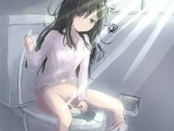 Rule 34 | 1girl, bathroom, black hair, blush, bottle, censored, clothes pull, collarbone, convenient censoring, cup, holding, light rays, long hair, long sleeves, looking down, open mouth, pajamas, panties, pants, pants pull, panty pull, peeing, peeing in cup, pussy, shirt, sitting, toilet, toilet paper, toilet use, underwear, white panties, white pants, white shirt, window