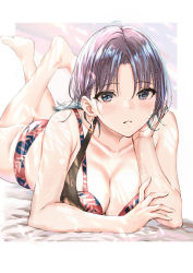 Rule 34 | 1girl, ahoge, asakura toru, bare shoulders, barefoot, bikini, blue eyes, blue hair, breasts, brown hair, cleavage, collarbone, commentary request, earrings, face, feet up, floral print, foreshortening, gradient hair, highres, idolmaster, idolmaster shiny colors, jewelry, large breasts, looking at viewer, lying, multicolored hair, on stomach, print bikini, short hair, solo, swimsuit, temir, the pose