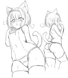Rule 34 | 1girl, animal ear fluff, animal ears, ass, bare arms, bare shoulders, blush, breasts, cat ears, cat girl, cat tail, cropped legs, greyscale, hair between eyes, hand up, monochrome, multiple views, nose blush, old school swimsuit, one-piece swimsuit, original, parted lips, school swimsuit, simple background, skindentation, small breasts, sweat, swimsuit, tail, thighhighs, unname, white background
