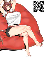 Rule 34 | 1girl, absurdres, alternate costume, animal ears, armpits, arms up, barefoot, bean bag chair, black shorts, blush, breasts, brown hair, commentary request, crossed legs, dolphin shorts, ear covers, ear ornament, feet, gentildonna (umamusume), hair between eyes, highres, holding with feet, horse ears, horse girl, horse tail, large breasts, legs, looking at viewer, minew, muscular, muscular female, navel, qr code, red eyes, shirt, short hair, short sleeves, shorts, simple background, sitting, smile, solo, tail, umamusume, walnut, white background, white shirt