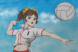 Rule 34 | 1girl, artist request, attack no 1, ayuhara kozue, ball, belly, female focus, midriff, navel, ribbon, solo, sportswear, volleyball, volleyball (object), volleyball uniform