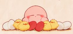 Rule 34 | beige background, bird, blush, chick, closed eyes, closed mouth, cuddling, dot mouth, egg, gurumi mami, kirby, kirby (series), nintendo, no humans, simple background
