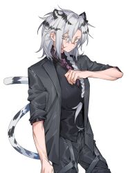 Rule 34 | 1girl, animal ears, arknights, black hair, black jacket, black pants, black vest, braid, bright pupils, brown eyes, collared shirt, commentary request, cowboy shot, grey hair, hand up, highres, indra (arknights), indra (valiant general) (arknights), jacket, leopard ears, leopard tail, long hair, looking at viewer, molu stranger, multicolored hair, necktie, pants, purple necktie, purple shirt, scar, scar on face, scar on nose, shirt, simple background, single braid, sleeves rolled up, solo, streaked hair, tail, thigh strap, vest, white background, white pupils
