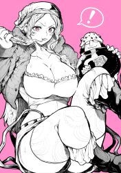 Rule 34 | !, 1girl, absurdres, bartholomew kuma, boots, breasts, character doll, cleavage, closed mouth, collarbone, commentary request, eating, food, greyscale with colored background, hat, highres, jacket, jewelry bonney, large breasts, looking at viewer, midriff, monochrome, one piece, open clothes, open jacket, pink background, pink eyes, pizza, pizza slice, short shorts, shorts, simple background, sitting, solo, spoken exclamation mark, spot color, sweat, thighhighs, yotsumi shiro