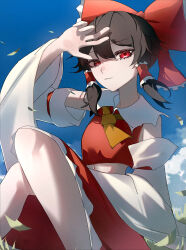 Rule 34 | 1girl, 33 gaff, absurdres, arm up, bare shoulders, day, detached sleeves, feet out of frame, hakurei reimu, highres, knees together feet apart, long sleeves, midriff, navel, outdoors, sitting, skirt, skirt set, sky, solo, touhou, wide sleeves