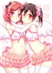 Rule 34 | 10s, 2girls, angel, angel wings, bad id, bad pixiv id, black hair, blush, bow, closed mouth, elbow gloves, female focus, frilled skirt, frills, gloves, hair bow, highres, hug, lace, lace-trimmed legwear, lace trim, looking at viewer, love live!, love live! school idol project, midriff, multiple girls, navel, nishikino maki, one eye closed, pink eyes, pink hair, pink skirt, purple eyes, red eyes, red hair, ribbon, short hair, skirt, sleeveless, smile, standing, stomach, thighhighs, twintails, white gloves, white legwear, wings, wink, yazawa nico, yuuyu (yuuyu015), zettai ryouiki