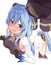 Rule 34 | 1girl, ass, backless outfit, bare shoulders, bell, black bodysuit, black gloves, black leotard, blue hair, blush, bodysuit, brown eyes, commentary request, cropped torso, curled horns, detached sleeves, ganyu (genshin impact), genshin impact, gloves, highres, horns, leotard, long hair, long sleeves, looking at viewer, mizuki ryuu, multiple views, nose blush, out of frame, parted lips, simple background, water, wavy mouth, white background, white sleeves