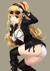 Rule 34 | 1girl, arm up, ass, black footwear, black gloves, black jacket, black thighhighs, blonde hair, boots, breasts, cleavage, dated, eyewear on head, fang, fingerless gloves, from side, gloves, green eyes, grey background, hair ornament, hair scrunchie, hand up, headphones, highres, jacket, knee boots, long hair, looking at viewer, medium breasts, open clothes, open jacket, open mouth, original, ponytail, rayvon, scrunchie, simple background, smile, solo, squatting, sunglasses, teeth, thighhighs, thighs, twisted torso, v, very long hair, wavy hair