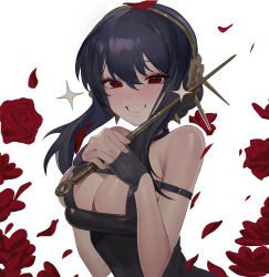 Rule 34 | 1girl, absurdres, bare shoulders, black hair, blush, breasts, cai bi, cleavage, flower, grin, hairband, highres, holding, holding weapon, looking at viewer, red eyes, rose, simple background, smile, solo, spy x family, weapon, white background, yor briar