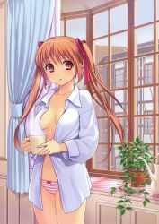 Rule 34 | 1girl, :o, absurdres, blush, bow, bow panties, breasts, brown hair, cameltoe, coffee, collarbone, cup, curtains, dress shirt, hair ribbon, hamashima shigeo, highres, holding, long hair, looking at viewer, mug, navel, no bra, open clothes, open mouth, open shirt, panties, red eyes, ribbon, shirt, snow, snowing, solo, steam, striped clothes, striped panties, twintails, underwear, watering can