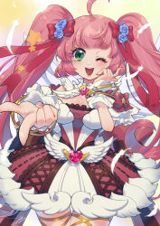 Rule 34 | 1girl, ;d, ahoge, blue flower, bow, bracelet, breasts, cleavage, cowboy shot, dress, eric flay, fingernails, flower, green eyes, hair bow, hand up, heart, jewelry, long hair, medium breasts, one eye closed, open mouth, outstretched arm, pink hair, ragnarok online, red bow, smile, solo, star (symbol), teeth, trouvere (ragnarok online), twintails, upper teeth only