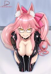 Rule 34 | 1girl, absurdres, animal ear fluff, animal ears, black bodysuit, bodysuit, bow, breast focus, breast tattoo, breasts, center opening, cleavage, collarbone, eyewear strap, fate/grand order, fate (series), fox ears, fox girl, fox shadow puppet, fox tail, glasses, grey-framed eyewear, hair ribbon, highres, hip vent, koyanskaya (assassin) (first ascension) (fate), koyanskaya (fate), large breasts, lipstick, makeup, open bodysuit, open clothes, pink bow, pink hair, pink ribbon, pixiv id, ribbon, romulproduce, seiza, signature, sitting, smile, solo, tail, tamamo (fate), tattoo, yellow eyes