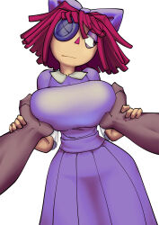 Rule 34 | 1girl, :/, absurdres, breasts, button eyes, buttons, commentary, dark skin, dress, english commentary, grabbing, grabbing another&#039;s breast, hands on another&#039;s wrists, highres, jinch 999, large breasts, looking to the side, medium hair, pov, purple dress, ragatha (the amazing digital circus), simple background, the amazing digital circus, triangle nose, white background