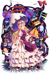 Rule 34 | 1girl, arch, atom, blonde hair, bow, breasts, chu qing, dress, full body, gap (touhou), hair bow, highres, holding, holding umbrella, layered skirt, long hair, long sleeves, looking at viewer, low-tied long hair, mask, mirror, purple eyes, rope, sheath, sheathed, shimenawa, sign, simple background, skirt, sky, smile, solo, space, standing, star (sky), starry sky, sword, tabard, torii, touhou, tower, traffic light, train, trigram, umbrella, very long hair, warning sign, weapon, white background, white dress, white skirt, wide sleeves, yakumo yukari, yin yang
