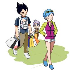 Rule 34 | 2boys, 2girls, baby, baby carry, bag, bare legs, black hair, blue eyes, blue footwear, blue hair, blue shirt, bra (dragon ball), breasts, brother and sister, brown pants, bulma, carrying, child, cleavage, clenched hands, closed eyes, collarbone, dragon ball, dragon ball super, dragon ball super broly, dragonball z, dress shirt, earrings, eyewear on head, facing viewer, family, father and daughter, father and son, frown, full body, green-framed eyewear, green jacket, hair bobbles, hair ornament, hand in pocket, hands on own hips, happy, high collar, jacket, jewelry, lado (rado), light smile, looking at another, medium breasts, mother and daughter, mother and son, multicolored clothes, multicolored jacket, multiple boys, multiple girls, necklace, nervous, overalls, pants, partially unzipped, purple hair, purple jacket, shirt, shoes, shopping bag, short hair, short shorts, shorts, siblings, simple background, sleeping, sneakers, spiked hair, sunglasses, sunglasses on head, sweatdrop, trunks (dragon ball), twintails, two-tone jacket, vegeta, very short hair, walking, watch, white background, white footwear, white shorts, wristwatch, zipper
