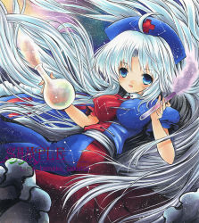 Rule 34 | 1girl, blue dress, blue eyes, blue hair, blue hat, blush, bottle, breasts, collared dress, commentary request, constellation, constellation print, cross, dress, feet out of frame, flask, hat, holding, holding bottle, large breasts, long hair, looking at viewer, marker (medium), multicolored clothes, multicolored dress, nurse cap, open mouth, puffy short sleeves, puffy sleeves, red cross, red dress, round-bottom flask, sakurai tamako, sample watermark, sash, shikishi, short sleeves, solo, touhou, traditional media, two-tone dress, vial, watermark, white sash, yagokoro eirin