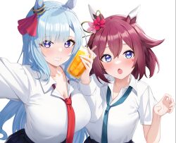 Rule 34 | alternate costume, animal ears, blue eyes, blue hair, blunt bangs, breasts, check commentary, cleavage, commentary request, drink, facial tattoo, fang, flower, grin, hair between eyes, hair flaps, hair flower, hair ornament, highres, holding, holding drink, horse ears, horse girl, kanno esuto, large breasts, looking at viewer, medium breasts, mejiro ardan (umamusume), open mouth, partial commentary, pink hair, portrait, purple eyes, sakura chiyono o (umamusume), school uniform, smile, tattoo, umamusume, uniform