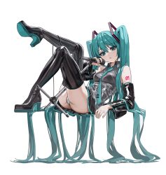 Rule 34 | 1girl, absurdly long hair, absurdres, aqua eyes, aqua hair, aqua necktie, black footwear, black skirt, black sleeves, boots, collared shirt, colored shoe soles, commentary request, detached sleeves, grey shirt, hair between eyes, hair ornament, hatsune miku, head tilt, high heel boots, high heels, highres, holding, holding microphone, invisible chair, knees up, leaning back, long hair, looking at viewer, microphone, microphone stand, miniskirt, necktie, number tattoo, panties, pantyshot, parted lips, shirt, shoe soles, shoulder tattoo, simple background, sitting, skirt, sleeveless, sleeveless shirt, solo, tachibana wataru (123tsuki), tattoo, teeth, thigh boots, tie clip, twintails, underwear, very long hair, vocaloid, white background, white panties, wide sleeves