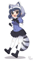 Rule 34 | 1girl, :o, animal ear fluff, animal ears, black bow, black bowtie, black footwear, black gloves, black hair, black pantyhose, black skirt, blue shirt, bow, bowtie, breasts, brown eyes, common raccoon (kemono friends), dated, elbow gloves, extra ears, fang, full body, fur collar, gloves, grey hair, highres, kemono friends, looking at viewer, medium breasts, medium hair, multicolored hair, open mouth, pantyhose, pleated skirt, puffy short sleeves, puffy sleeves, raccoon ears, raccoon tail, ransusan, shirt, shoes, short sleeves, simple background, skirt, solo, standing, striped tail, tail, white background, white gloves, white hair, white pantyhose