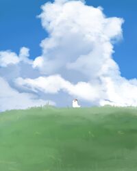 Rule 34 | absurdres, bird, blue sky, chicken, cloud, commentary request, cookie (touhou), day, grass, highres, no humans, outdoors, scenery, sky, su mihisa, the chicken that appears in the middle of cookie