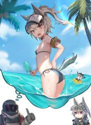 Rule 34 | 1boy, 2girls, absurdres, animal ears, arknights, armband, ass, bare arms, bare shoulders, big bob (arknights), bikini, black choker, blue sky, choker, cloud, commentary, cowboy shot, day, english commentary, food, gloves, grani (arknights), grey bikini, grey gloves, hair between eyes, highres, holding, holding food, looking at viewer, mini person, minigirl, multiple girls, open mouth, outdoors, palm tree, ponytail, popsicle, purple eyes, short hair, side-tie bikini bottom, silver hair, skadi (arknights), sky, standing, swimsuit, thighs, thumbs up, tree, untying, upper body, visor cap, wading, water, xxdentera