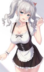 Rule 34 | 1girl, :d, apron, blue eyes, bodice, dirndl, german clothes, grey hair, hand up, highres, kantai collection, kashima (kancolle), long hair, looking at viewer, monoku, open mouth, short sleeves, smile, solo, waist apron, waitress