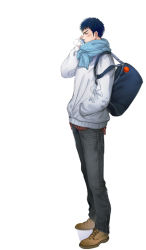 Rule 34 | 1boy, bag, black pants, blue hair, blue scarf, breath, brown footwear, cellphone, closed mouth, commentary request, from side, grey background, grey jacket, hand in pocket, holding, holding phone, jacket, male focus, mitsui hisashi, moonjjj, pants, phone, scarf, shoes, short hair, shoulder bag, simple background, slam dunk (series), solo, talking on phone