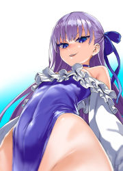 Rule 34 | 1girl, asanagi, bare shoulders, blue background, blue eyes, blue ribbon, casual one-piece swimsuit, commentary request, covered navel, evil smile, fate/grand order, fate (series), flat chest, frilled swimsuit, frills, from below, gradient background, groin, hair ribbon, highleg, highleg swimsuit, highres, long sleeves, looking at viewer, looking down, meltryllis, meltryllis (fate), meltryllis (swimsuit lancer) (fate), meltryllis (swimsuit lancer) (second ascension) (fate), one-piece swimsuit, parted lips, purple hair, ribbon, smile, solo, striped, swimsuit, v-shaped eyebrows, vertical stripes