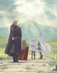 Rule 34 | 1girl, 3boys, bird, black cape, blonde hair, blue hair, blue tunic, cape, capelet, cloak, dress, dwarf, eisen (sousou no frieren), elf, fake horns, frieren, from behind, heiter, helmet, highres, himmel (sousou no frieren), horned helmet, horns, long hair, multiple boys, pointing, pointing forward, pointy ears, red cape, short hair, sousou no frieren, sunlight, sword, twintails, weapon, white cape, white capelet, white cloak, white dress, white hair, zinnkousai3850