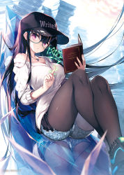 Rule 34 | 1girl, bare shoulders, baseball cap, black footwear, black hair, black hat, blue shorts, book, book stack, breasts, brown pantyhose, closed mouth, collarbone, commentary request, crossed legs, glasses, green-framed eyewear, hair between eyes, hat, holding, holding book, knees up, large breasts, long hair, looking at viewer, off shoulder, open book, original, pantyhose, pantyhose under shorts, red eyes, reflection, satsuki misuzu, shirt, shoes, short shorts, shorts, sitting, solo, very long hair, white shirt