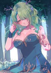 Rule 34 | 1girl, absurdres, braid, breasts, ceres fauna, ceres fauna (1st costume), cleavage, dress, flower, forest, green dress, green eyes, green nails, hair flower, hair ornament, highres, hololive, hololive english, kokomi (aniesuakkaman), large breasts, long hair, mimikaki, mole, mole under eye, nature, smile, strapless, strapless dress, virtual youtuber, yellow eyes
