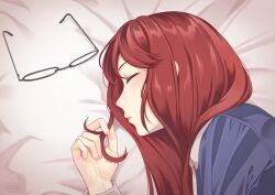 Rule 34 | 1girl, bed, bed sheet, black-framed eyewear, blush, close-up, closed eyes, from side, glasses, hair down, highres, long hair, long sleeves, lying, official alternate hairstyle, on bed, on side, parted lips, persona, persona 5, persona 5 the royal, profile, red hair, shirt, sleeping, solo, yoshizawa sumire, yura s arts