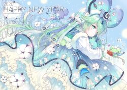 Rule 34 | 1girl, 2020, animal, animal ears, blue dress, blue sky, bow, chinese zodiac, dress, food, green eyes, green hair, har, light blush, looking at viewer, mouse (animal), mouse ears, rednian, scarf, serious, sky, snow, snowing, tail