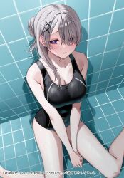 Rule 34 | 1girl, bare arms, bare legs, bare shoulders, black one-piece swimsuit, blue eyes, blush, breasts, chigusa minori, cleavage, collarbone, from above, grey hair, hair bun, hair ornament, hairclip, highres, koutsugou semi-friend, kuruma suuna, large breasts, long hair, looking at viewer, one-piece swimsuit, parted lips, single hair bun, sitting, smile, solo, swimsuit, thighs, tiles
