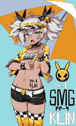 Rule 34 | 1girl, alternate costume, black choker, black shorts, body writing, boots, breasts, character name, choker, clothes writing, commentary, cropped jacket, dark-skinned female, dark skin, fang, girls&#039; frontline, grey eyes, grey hair, hair between eyes, hair ornament, highres, jacket, klin (girls&#039; frontline), letter hair ornament, light blue background, looking at viewer, motor vehicle, navel, open clothes, open jacket, open mouth, race queen, short shorts, shorts, simple background, small breasts, solo, strapless, thigh boots, thighhighs, tube top, twintails, ubo (dbsgurdbsk), umbrella, visor cap, yellow jacket