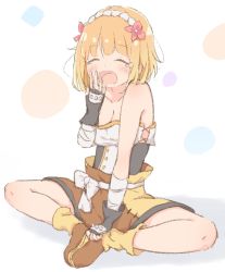Rule 34 | 1girl, blonde hair, breasts, cleavage, commentary, endro!, closed eyes, fai fai, fingerless gloves, gloves, hairband, highres, indian style, large breasts, short hair, shorts, simple background, sitting, solo, strapless, yawning, yukimura416